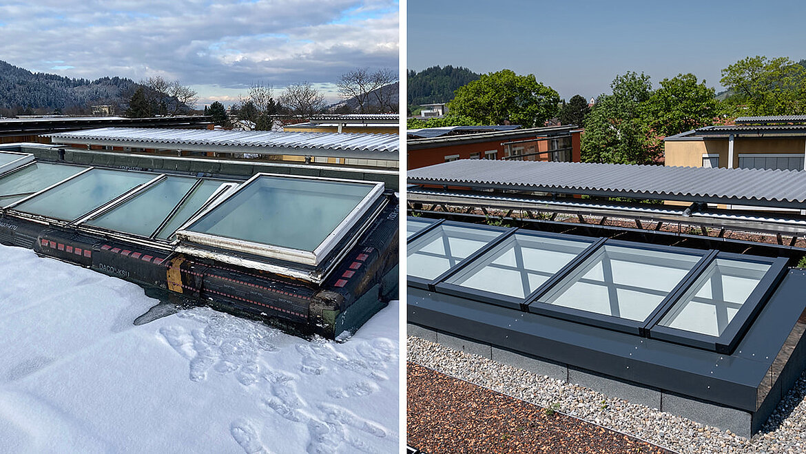 Vergleich von Glasdächern im Winter mit Schnee und im Sommer